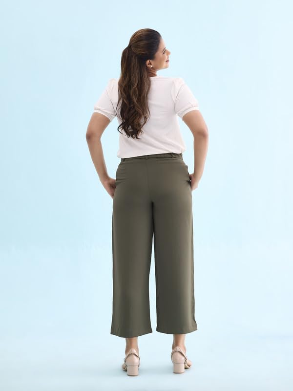 Image of GO COLORS Poly Spandex Crepe Wide Pants Full Length for Women| Lightweight, Mid Rise, Side Pockets