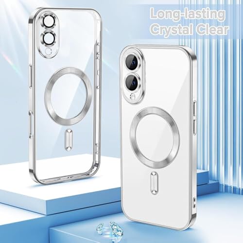 Image of VONZEE Clear Logo Electroplating Transparent Clear Case for Samsung Galaxy S25 Edge 5G, Magnetic Plating [Support for MagSafe Charger] Electroplate TPU Cover-Silver