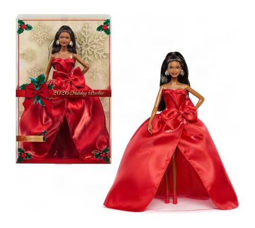 Barbie Signature Doll 2026 Holiday Black Hair Fashion Doll Wearing Red Gown with Bow Seasonal Collector Doll in Displayable Packaging & Doll Stand