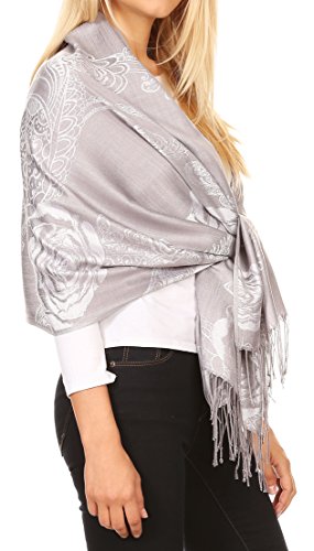 Sakkas Tessa Reversible Rose Brocade Warm Soft Scarf Wrap Stole with Fringe3