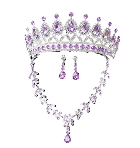 High-End Bridal Three-Piece Set - Necklace, Earrings & Crown For Wedding Season(SilverPurple)