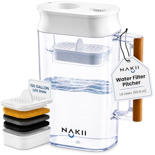 Nakii Water Filter Pitcher 1.8L - Long Lasting 150 Gallons Filtered Water Pitchers With Fast Filtration & Purification Technology - Removes Chlorine, Metals For Clean Tasting Water - WQA Certified