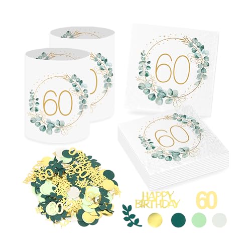 20 Servilletas 60 cumpleaños+12 Portavelas de Mesa para 60 Cumpleaños, Servilletas de Cumpleaños de Eucalipto Verde Confeti Decoración para 60 Años Cumpleaños Hombre Mujer