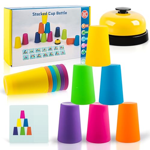 Sport Stapelbecher Spiel Set Quick Stacks Cups Kinder und Erwachsene Mit 12 Speed Cups 50 Karten und 1 Klingel anrufen Wurfspiel Kinder Becher Stapeln Training Stapelbecher Speed Party Spielzeug