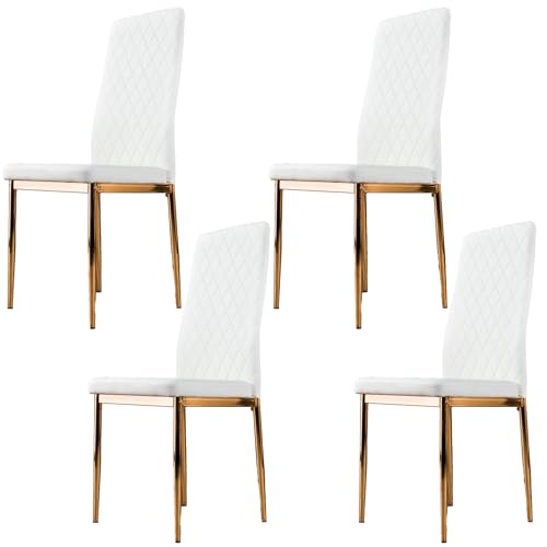 Image of Furniturebox UK Milan 4/6 Modern Stylish Gold Hatched Diamond Faux Leather Dining Chairs Seats Set (4x White Milan Gold Chairs)