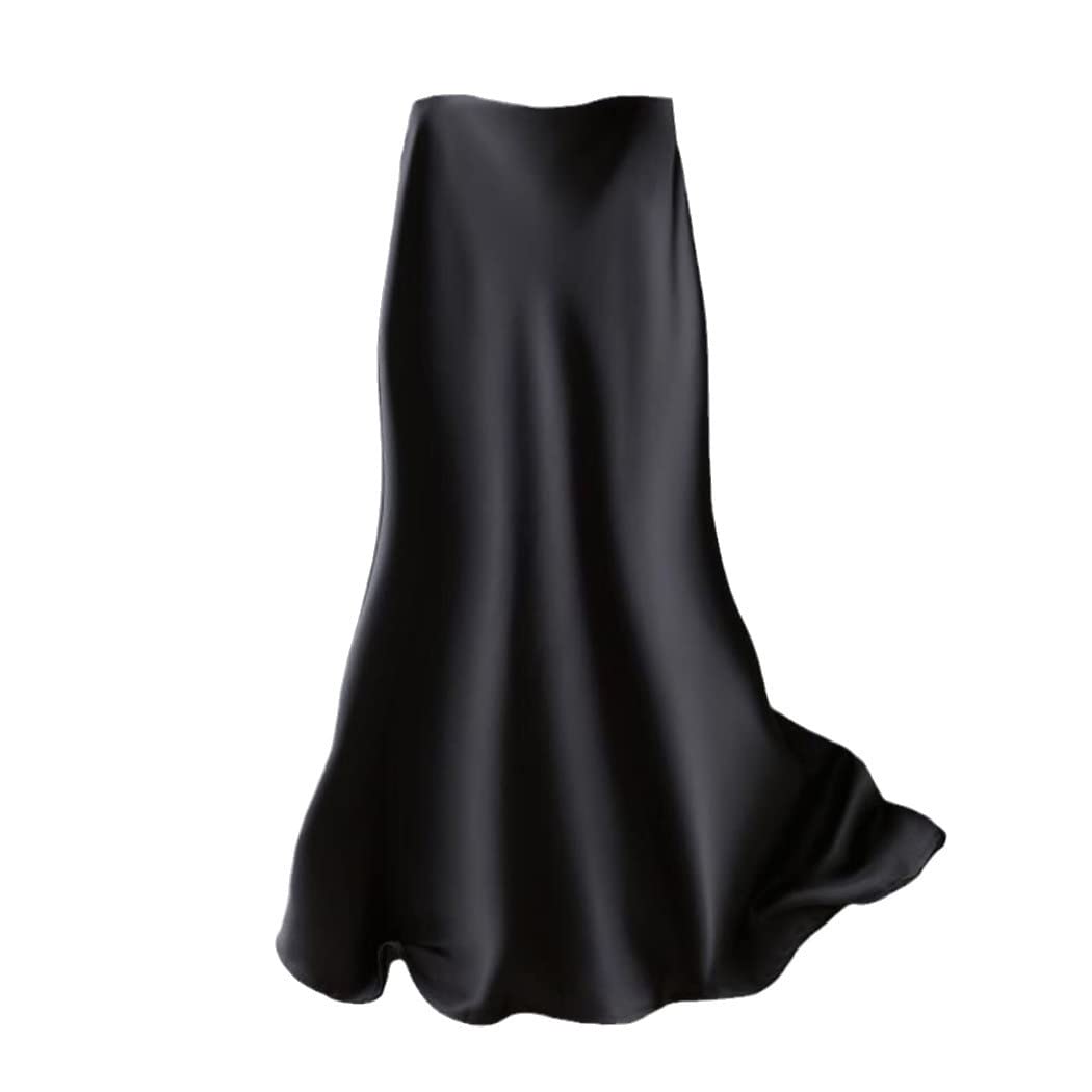 Gonne longuette in seta estiva da donna stile coreano in raso da ufficio signora semplice elegante gonne nere lunghe larghe