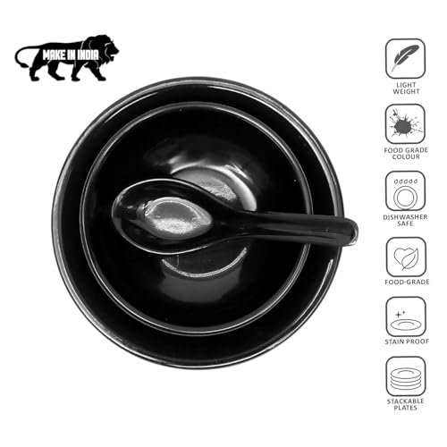 Image of Ariya Melamine Soup Bowl Set | Set of 6 | Black-Golden | 350 ml | with Spoon & Saucer | Microwave & Dishwasher Safe | Premium Serving Bowls for Soup, Noodles & Pasta | Durable Serving Bowls Sets