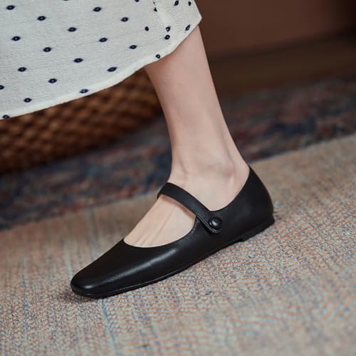 Leather Mary Jane Flats for Women Closed Square Toe Ankle Strap Ballet Flats Comfortable Dress Shoes for Work Office Business4