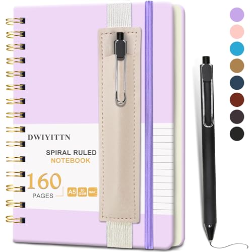 DWIYITTN Notizbuch A5 Liniert, 160 Seiten/80 Blatt Notizbuch mit Stift Hardcover Ringbuch Spirale Notizblock Notebook Spiralbindung Tagebuch für Erwachsene Büro Schule 14,5 x 21cm 80 g/m² -Lavendel