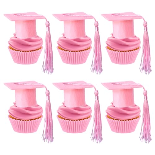 Ephlyn 24Pcs 2026 Graduation Cap Cupcake Toppers DIY 3D 2026 Congrats Grad Cap Cupcake Picks with Green Tassels for 2026 School Boys Girls Graduate Party Cake Decorations Supplies Pink by Ephlyn - Used condition - US$4.31