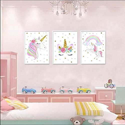 NADARDA Canvas Unicorn Wall Posters, Rainbow Unicorn Wall Art Prints Painting Decoration Pictures Set of 3 Girls Kids Bedroom Nursery Wall Decor, (UNFRAMED)