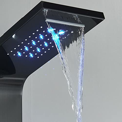 Columna de Ducha Negro con Panel LED, Cascada y Masaje Corporal, Sistema Torre de Ducha con Chorro Lluvia y Catarata miniatura 7