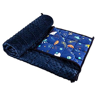 BEDCOLOR Weighted Blanket Minky 5lbs Soft Cotton Heavy Blanket Snuggle Sleeping Cute Pattern Blue Galaxy Spaceship, 36×48 inches