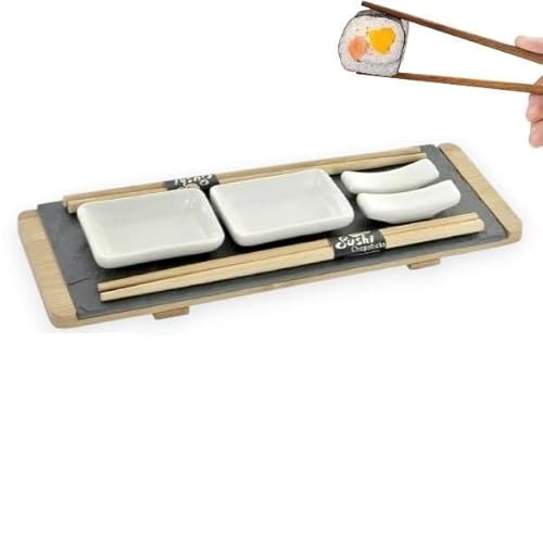 Humpti - Vajilla Japonesa para Sushi de Bambú y Pizarra, Pack Japonés para 2 Personas, Incluye Palillos Japoneses de Bambú con Soporte, Platos y una Bandeja, Regalo Original y Elegante