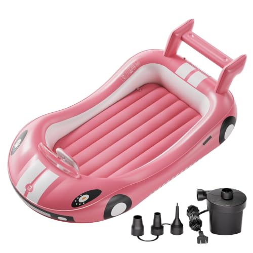QPAU Cama inflable para niños, cama de viaje para niños pequeños con lados, para camping, viajes, hotel o uso doméstico, bomba de mano incluida (rosa)