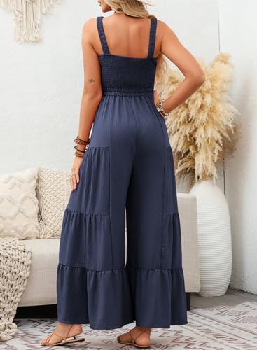BLENCOT Sleeveless Jumpsuits for Women Summer Casual Loose Overalls Jumpsuit Ruffle Wide Leg Long Pant Flowy Rompers Blue Large