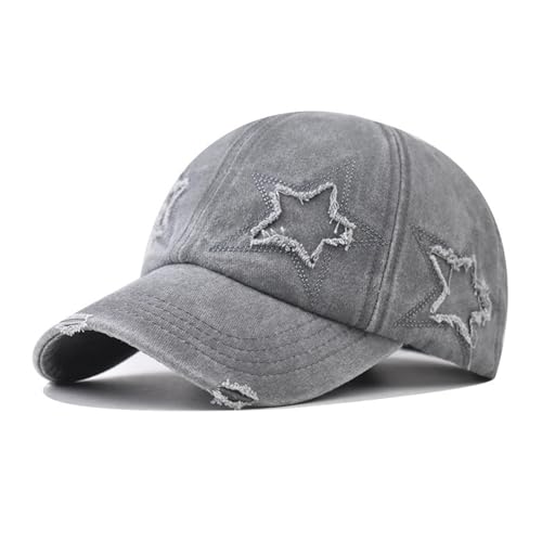 Image of GEEKPC Vintage Washed Cotton Baseball Cap with Distressed Star Embroidery and Adjustable Fit - Unisex Retro Hat for Outdoor Sports, Casual Wear, Hiking, Tennis, Golf, and Everyday Streetwear Gray