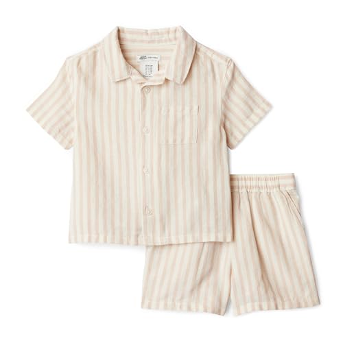 Amazon Essentials Unisex Babies x Sofia Grainge Baby Boy and Toddler Cotton Linen Shirt + Short Set Taupe Even Stripe 2T