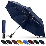 TechRise Parapluie classique coupe-vent pliable automatique compact parapluie de voyage avec un bouton automatique ouvert et fermeture, bleu foncé, Poco