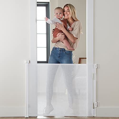 Cumbor Retractable Baby Gate for Stairs, Mesh Dog Gate for The House, Pet Gate 33â€ Tall Extends to 55â€, Wide Safety Gates for Kids or Pets, Child Gate for Doorways, Hallways, Indoor, Outdoor(White)