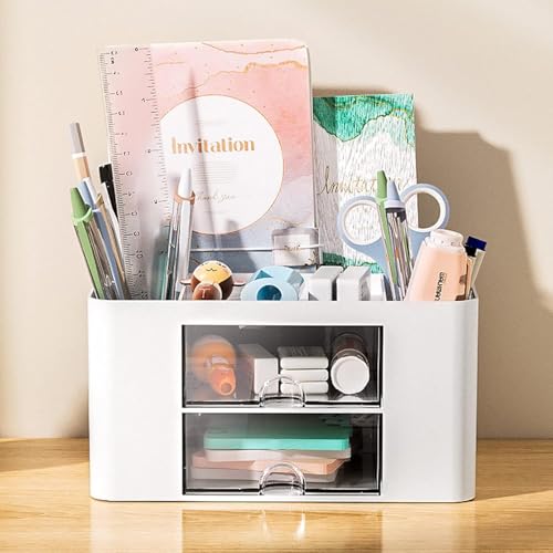 Organizador de escritorio blanco, organizador de escritorio, caja de lápices, organizador de mesa con 4 compartimentos y 2 cajones, organizador de escritorio multifuncional, organizador de escritorio
