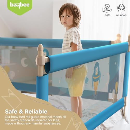 Image of BAYBEE Baby Bed Rails Guard (150Lx63H cm), Bedrail for Baby Kids Safety, Portable Bed Rail Falling Protector Fence with Adjustable Height, Foldable Bed Rails for Newborn, Pack of 3, (Blue)