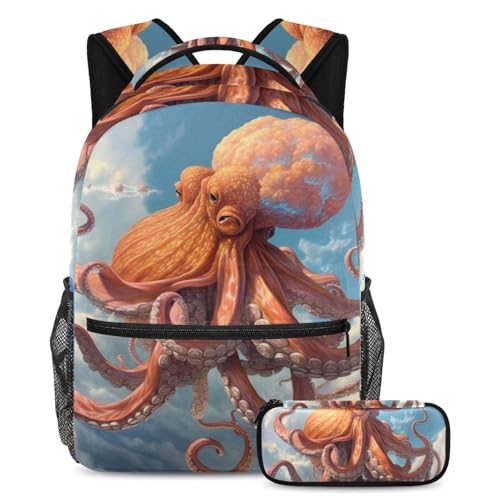 Sac à dos pieuvre rouge pour l'école et les sorties : le duo cartable et trousse marine