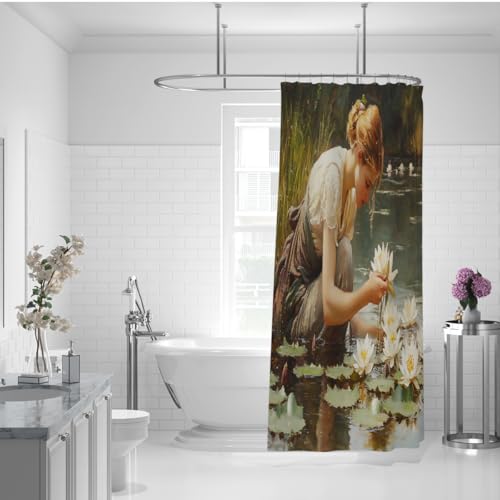 Rideau de douche impressionniste floral 100x180cm blanc avec crochets