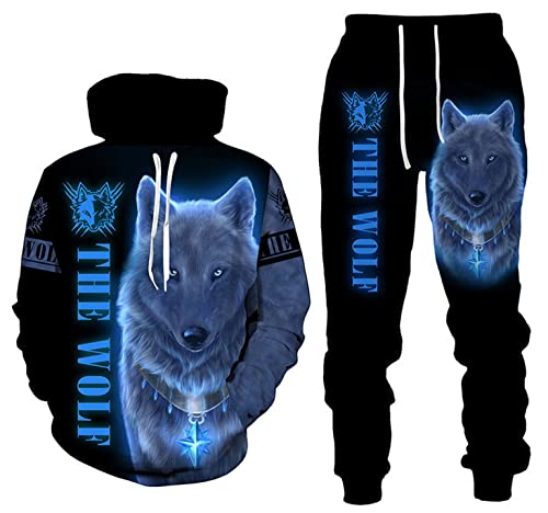 Colorful Graphic Hoodies Wolf Printed 3D Pullover Cool Sweatshirt Pants 2 Piece Suit for Men Women