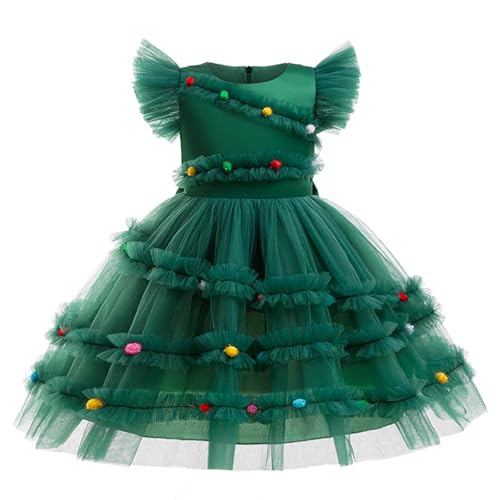 Robe de Noël fille tulle vert sapin à boules colorées et grand nœud
