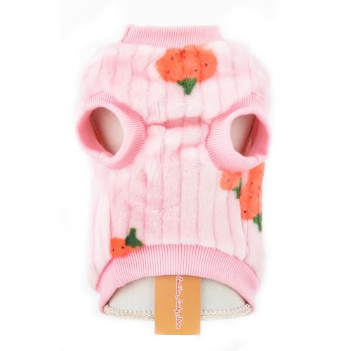 SMALLLEE_LUCKY_STORE Hunde-Fleecepullover für kleine Hunde und Katzen, Haustierpullover mit Erdbeerdruck und D-Ring, Welpenweste, Yorkie, Chihuahua, warme Kleidung, Winter Herbst Bekleidung, Rosa, S