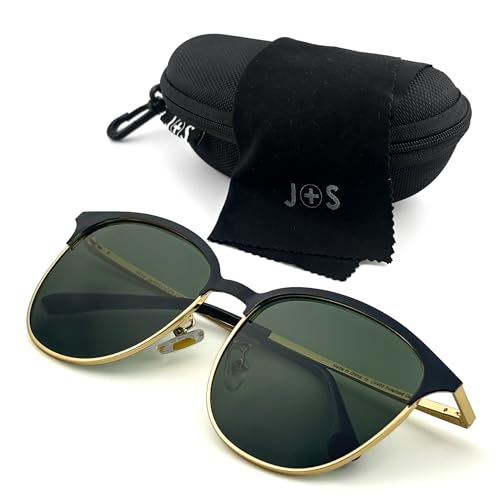 J+S Hine Retro Cat-eye Frame Polarized Sunglasses for Women | Spring Hinge Metal Frame | Polarized 100% UV 400 | Medium-Large Fit (Black-Gold Frame/Olive Green Lens)