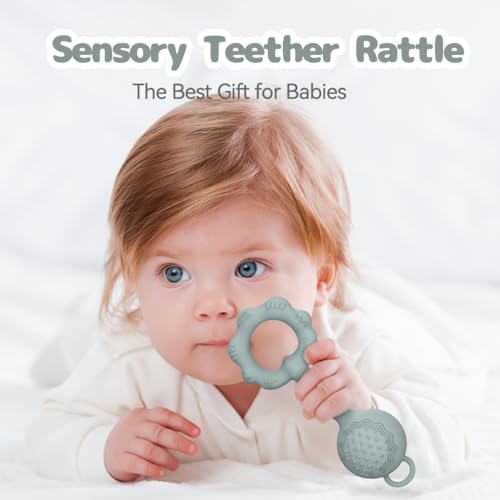 Teethers for Babies 0-6 Months, Rattles for Babies 6-12 Months, 2-in-1 Rattle and Teether Toy for Soothing Sore Gums and Keeps Little Ones Entertained, Food Grade Silicone, Gray — view 3