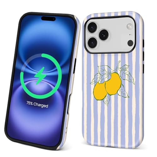 TAMEFOX Case for iPhone 17 Pro/18 Pro,[Compatible with MagSafe],Anti Drop Scratch Protective Magnetic Cover for Women Girl-Lemons Stripes Pattern