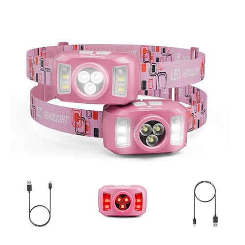Upgraded Headlamp Rechargeable, Ultra Bright Headlight Flashlight with White Red Light, Motion Sensor Head Lights for Forehead, 6 Modes Head Lamp for Outdoor Camping Running Waterproof (2, Pink)