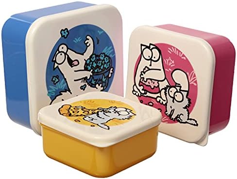Puckator Simon's Cat Blue Red Yellow Reusable Lidded Snack Pot Lunch Box Set of 3, BPA PVC, Work School Travel Home, Medium 4.5x10x10cm Large 5.5x11.5x11.5cm Xlarge 6x13.5x13.5cm
