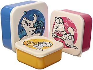 Puckator Simon's Cat Blue Red Yellow Reusable Lidded Snack Pot Lunch Box Set of 3, BPA PVC, Work School Travel Home, Medium 4.5x10x10cm Large 5.5x11.5x11.5cm Xlarge 6x13.5x13.5cm