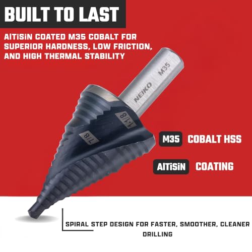 Image of NEIKO 10627B Step Drill Bit, 2 Steps 7 /8 inch to 1-1 /8 inch Spiral M35 Cobalt, AlTiSiN Coated, 3 /8 inch Tri-Flat Step Bits for Steel, Metal, Wood, Plastic, Unibit Cone Drill Bits, Two Flute