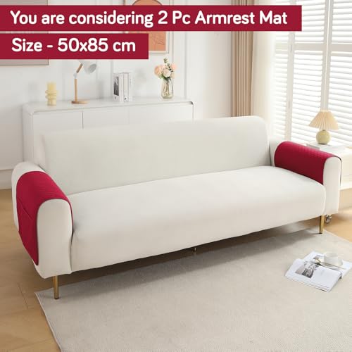 Image of HOKIPO Polyester Quilted Sofa Armrest Cover With Pockets, Maroon, Pack Of 2 (1 Pair) (In-787-Mrn*2)