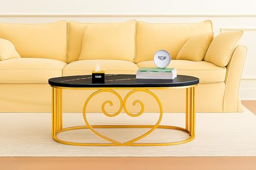 Image of Oval Accent Metal Centre Table with Marble Look Coffee Tables with Engineered Wood Top and Metal Frame, Contemporary Table for Office, Bedroom, or Living Room Golden Black