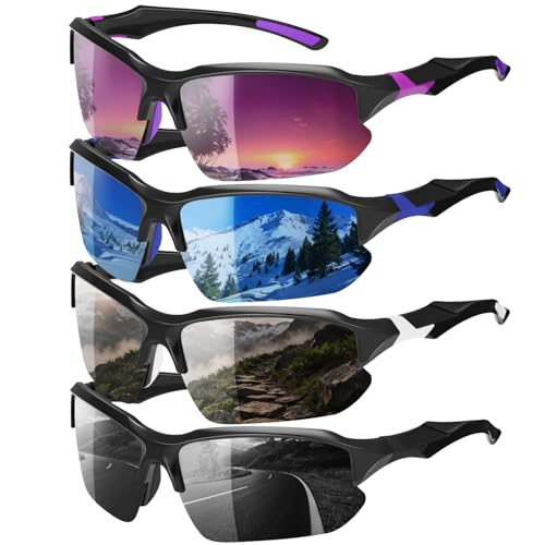 GGSTDDUP 4 Pack Polarized Sports Sunglasses for Men Women, UV Protection Lightweight Half Frame Sun Glasses for Outdoor Bicycle Motorbike Driving Fishing Golf, white+purple+navy blue+dark green by GGSTDDUP - Used condition - US$11.04