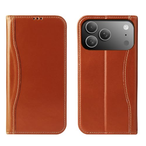 Étui antichoc iPhone 17 Pro marron à clapet magnétique et cuir véritable