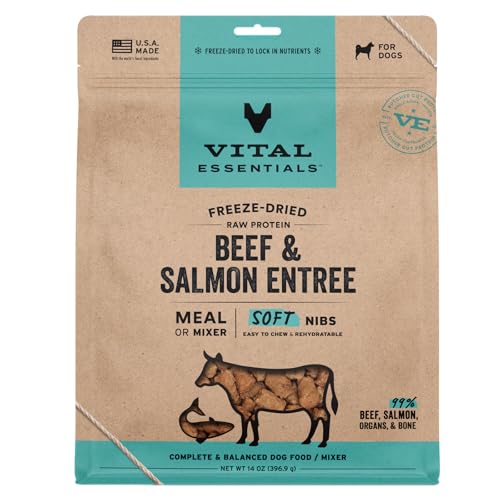 Image of Vital Essentials Freeze Dried Dog Food, Beef & Salmon Nibs, 14 oz Bag | Soft, Complete Meal or Topper, Made With 99% Beef, Salmon, Organs & Bone, High Protein Raw Nutrition, Grain-Free Recipe