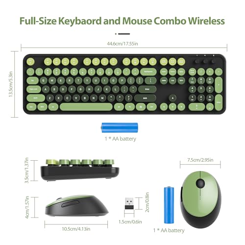 Image of Owpkeenthy Keyboard and Mouse Wireless, Cute Retro Full-Size Cordless Keyboard with Number Pad 2.4 GHz Wireless USB Receiver for Computer (Dark Green)