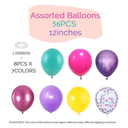 Image of Purple Pink Blue Confetti Balloon, Birthday Balloons Party Decorations- 12in Hot Pink Metallic Purple Teal Blue Yellow Latex Balloons Bulk 56Pcs for Dollhouse Kpop Kitties Colorful Magic Party Theme