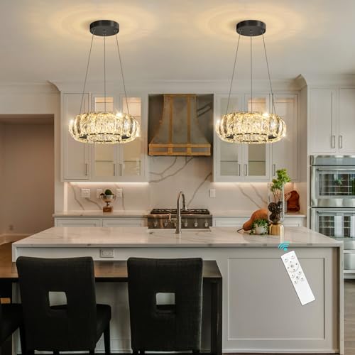 HAIXIANG LED Ring Chandelier Modern Pendant Lights for Kitchen Island Dining Room Remote Dimmable Hanging Light Entryway Bedroom Crystal Lighting Black Chandeliers