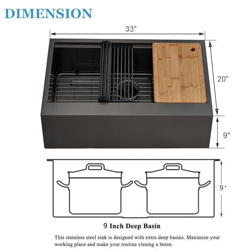 Image of SHACO 33 Inch Black Farmhouse Sink, 33x20 Gunmetal Black 16 Gauge Stainless Steel Single Bowl Workstation Flat Apron Front Farm Kitchen Sink with Cutting Board