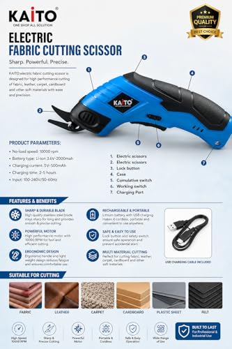Image of KAITO Cordless Electric Scissors 3.6 V Rechargeable Fabric Cutter with USB Charging | Portable Power Scissors for Fabric, Cardboard, Leather, Carpet, Vinyl & DIY Craft Cutting