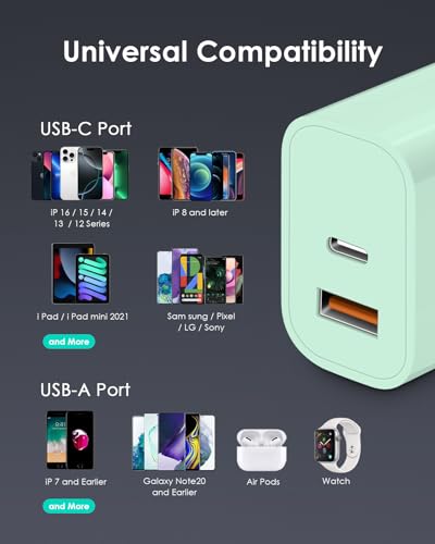 Image of [4 Pack] USB C Charger Block Fast Charging Multiport Adpater [PD 20W USB-C & QC 3.0 USB-A Port] for iPhone 17 /16 /15 /14 /13 /12 /11 /X /8, iPad, Galaxy, Google & More [Green]