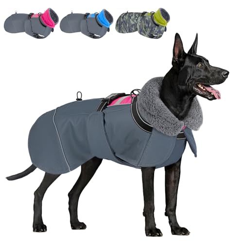 SlowTon Dog Coat - Waterproof Adjustable Fleece Dog Turtleneck Jacket with Collar and Drawstring - Reflective Winter Pet Clothes for Medium Large Dogs in Cold Weather